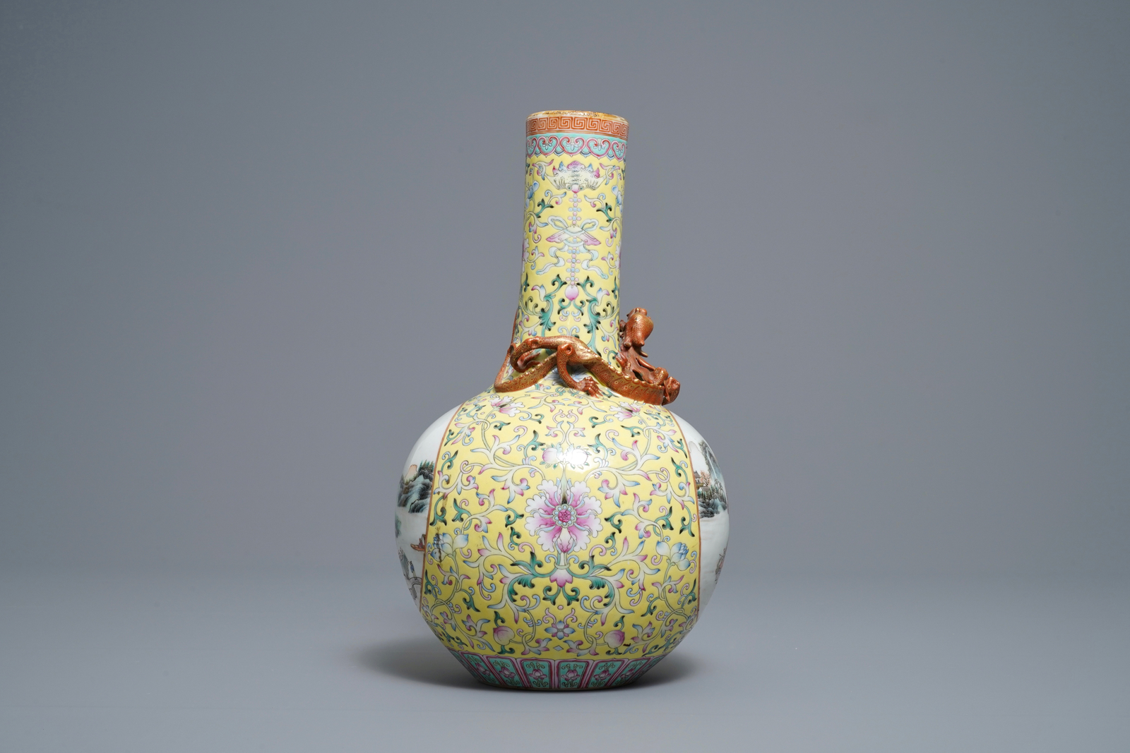 A Chinese famille rose bottle vase with landscape medallions, Qianlong mark, Republic - Image 2 of 6