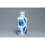 A Chinese blue and white 'antiquities and landscapes' rouleau vase, Kangxi