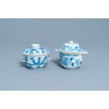 Two Chinese blue and white porringer bowls and covers, Kangxi