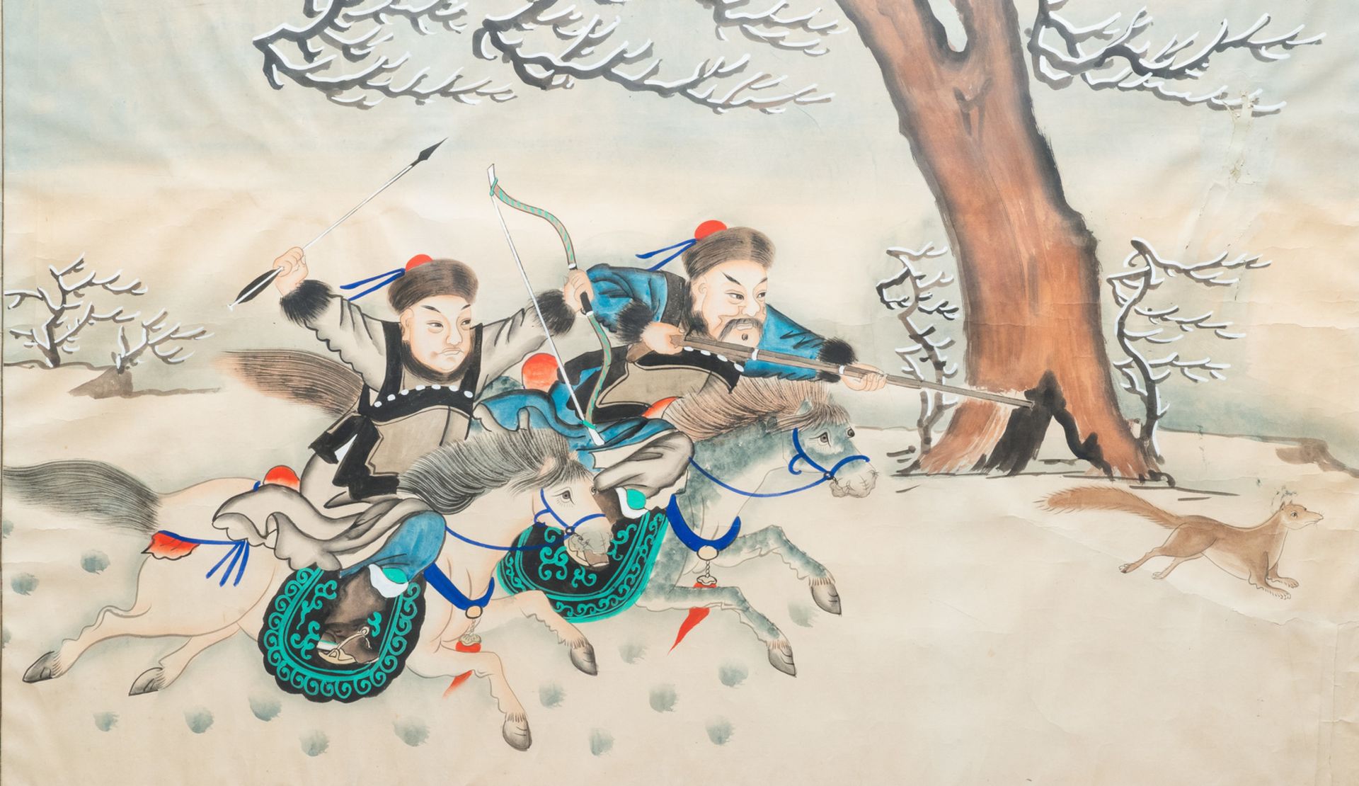 Chinese school, ink and colour on paper, 19/20th C.: 'Two equestrian hunting scenes' - Image 4 of 8