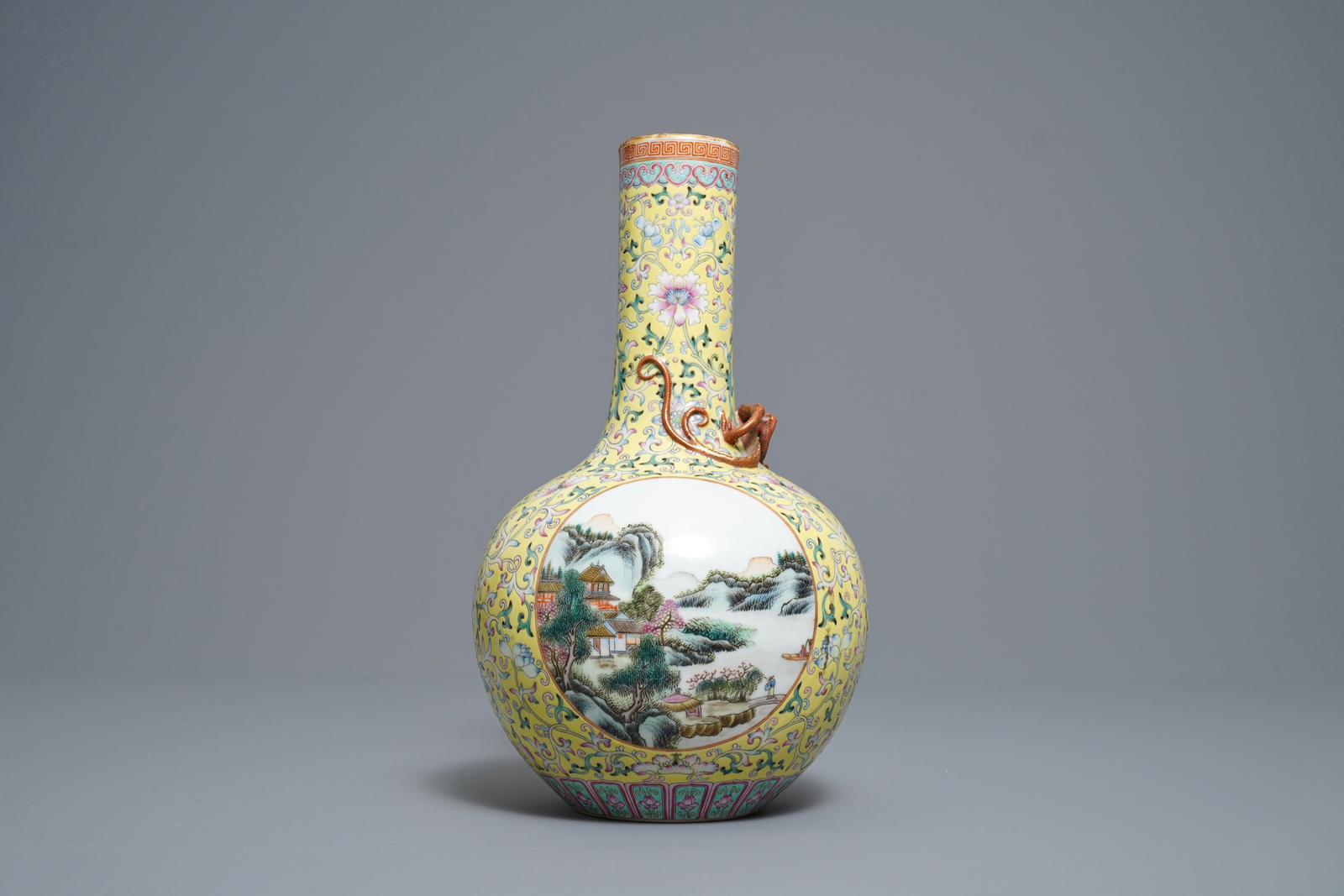 A Chinese famille rose bottle vase with landscape medallions, Qianlong mark, Republic - Image 3 of 6