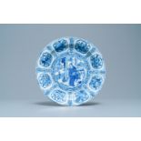 A Chinese blue and white kraak porcelain dish with a scholar, Wanli