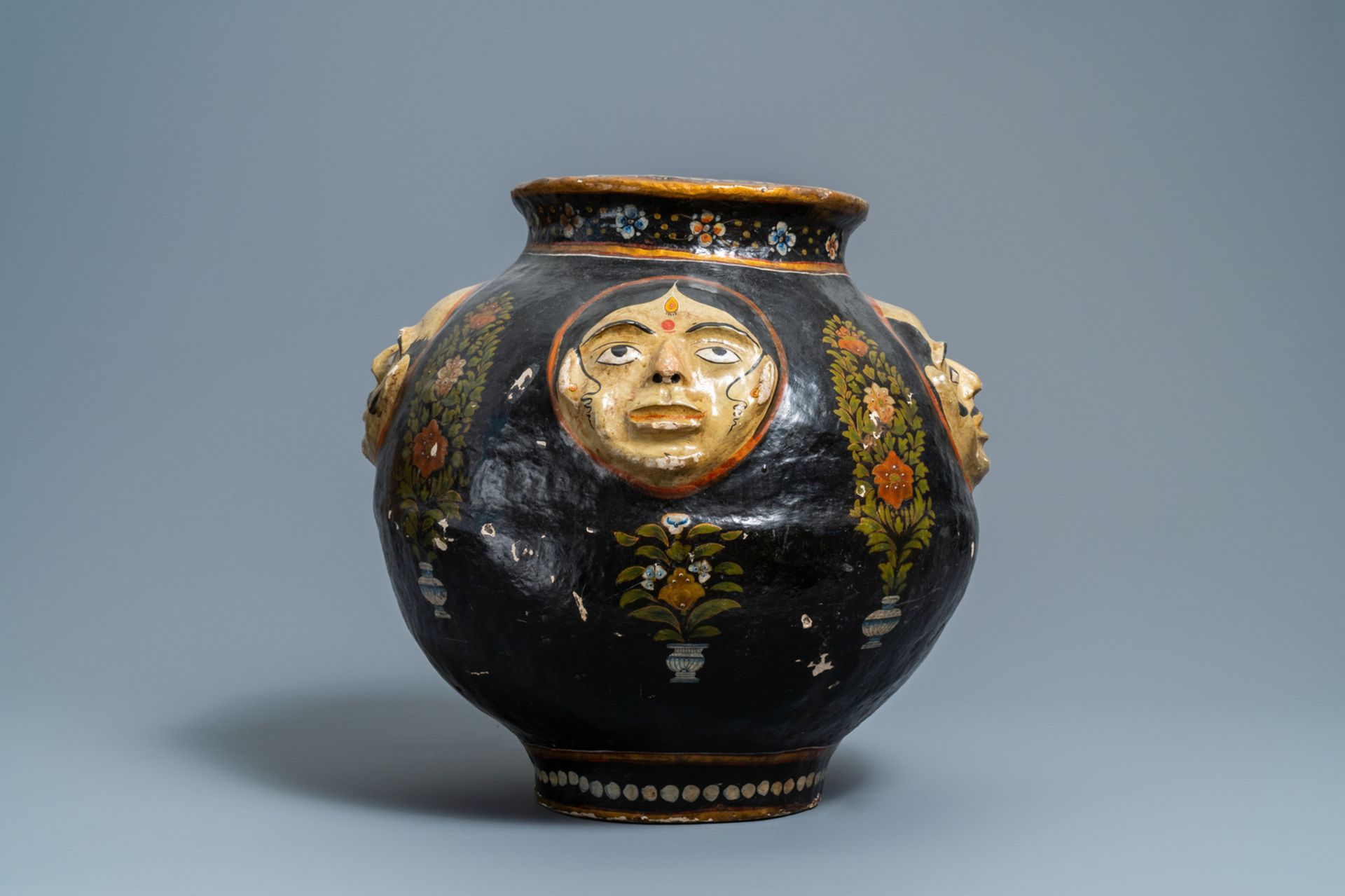 A relief-decorated papier-mache vase with four faces, Kashmir, India, 19th C. - Image 4 of 8