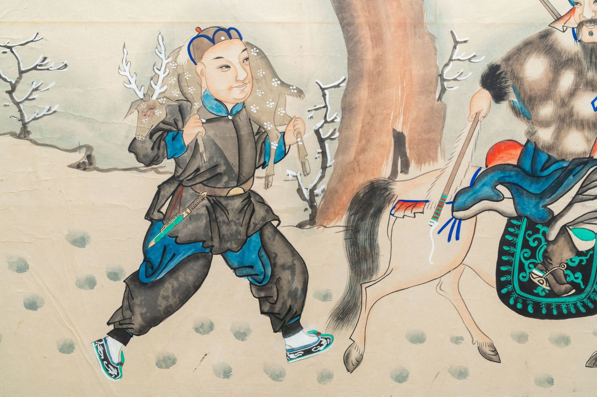 Chinese school, ink and colour on paper, 19/20th C.: 'Two equestrian hunting scenes' - Image 2 of 8