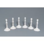 A set of six white Delftware candlesticks, France, 18th C.