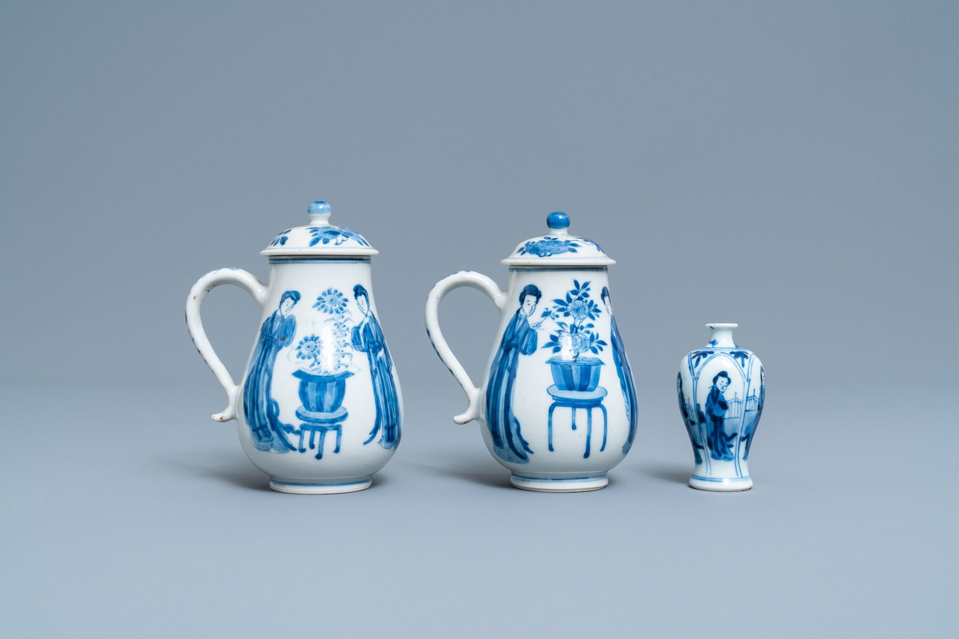 A pair of Chinese blue and white 'Long Eliza' jugs and covers and a miniature vase, Kangxi - Image 4 of 7