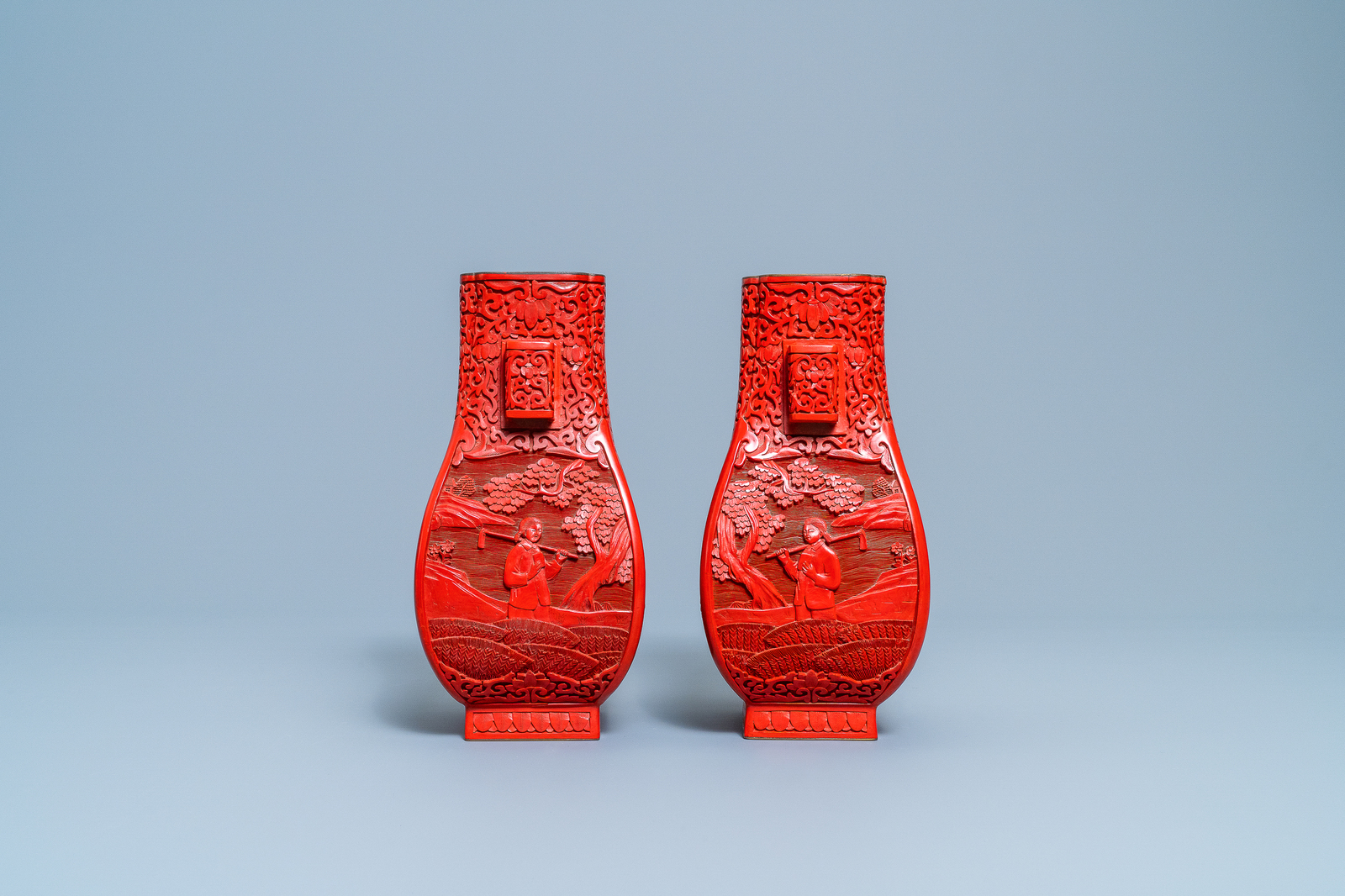 A pair of Chinese cinnabar lacquer 'Cultural Revolution' vases, 20th C. - Image 3 of 7