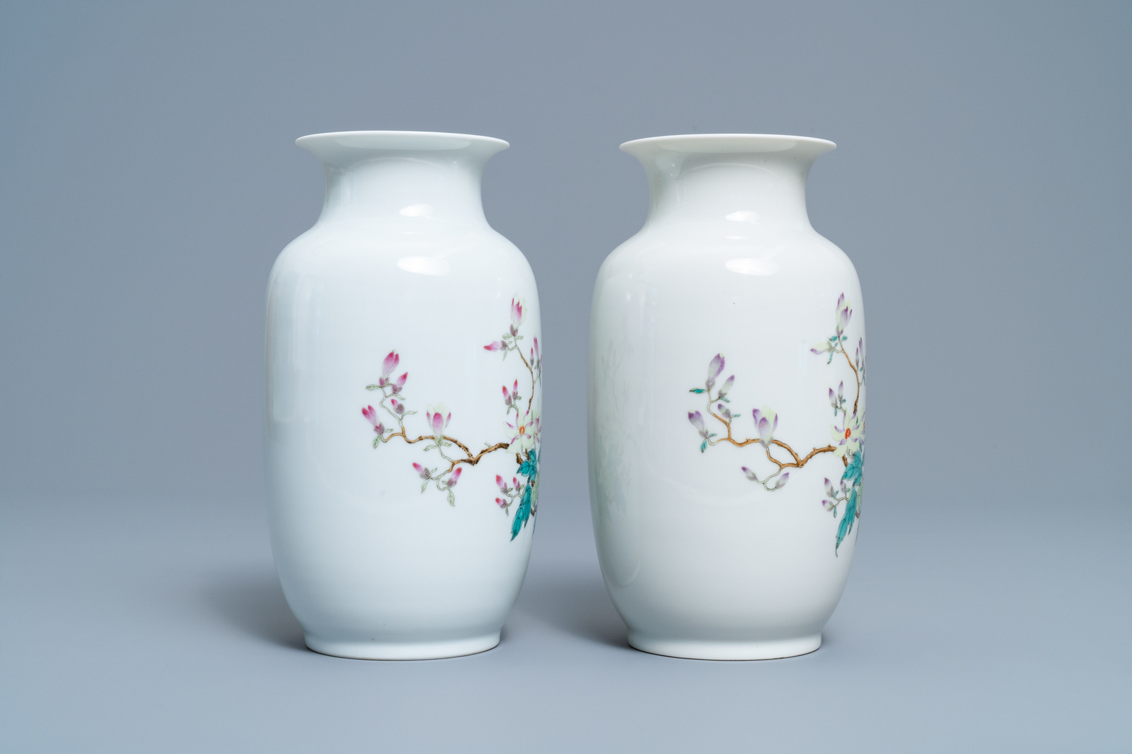 A pair of Chinese famille rose eggshell vases with floral design, Republic - Image 4 of 6