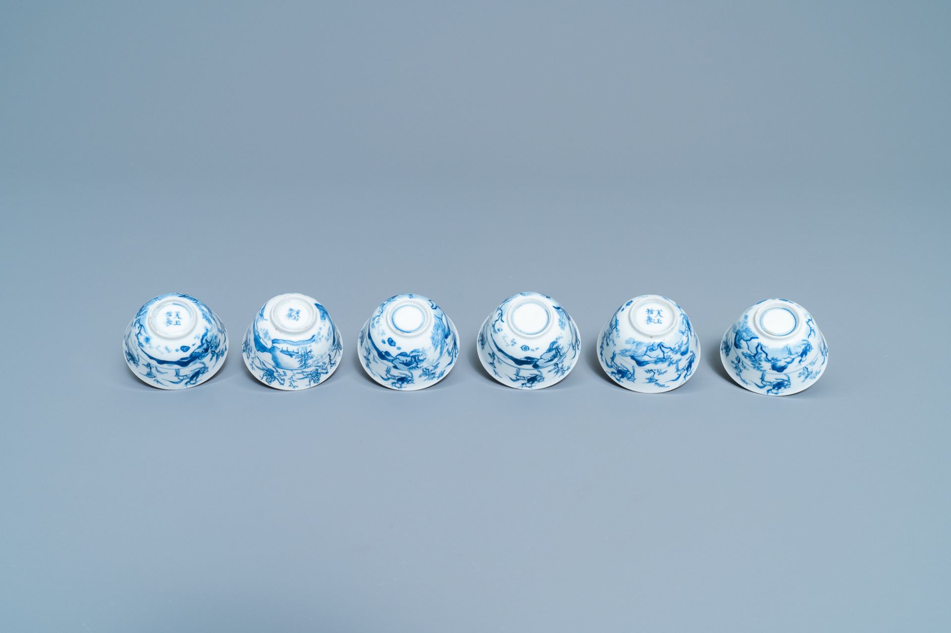 Six Chinese blue and white cups and saucers with horseriders, Kangxi - Image 9 of 10