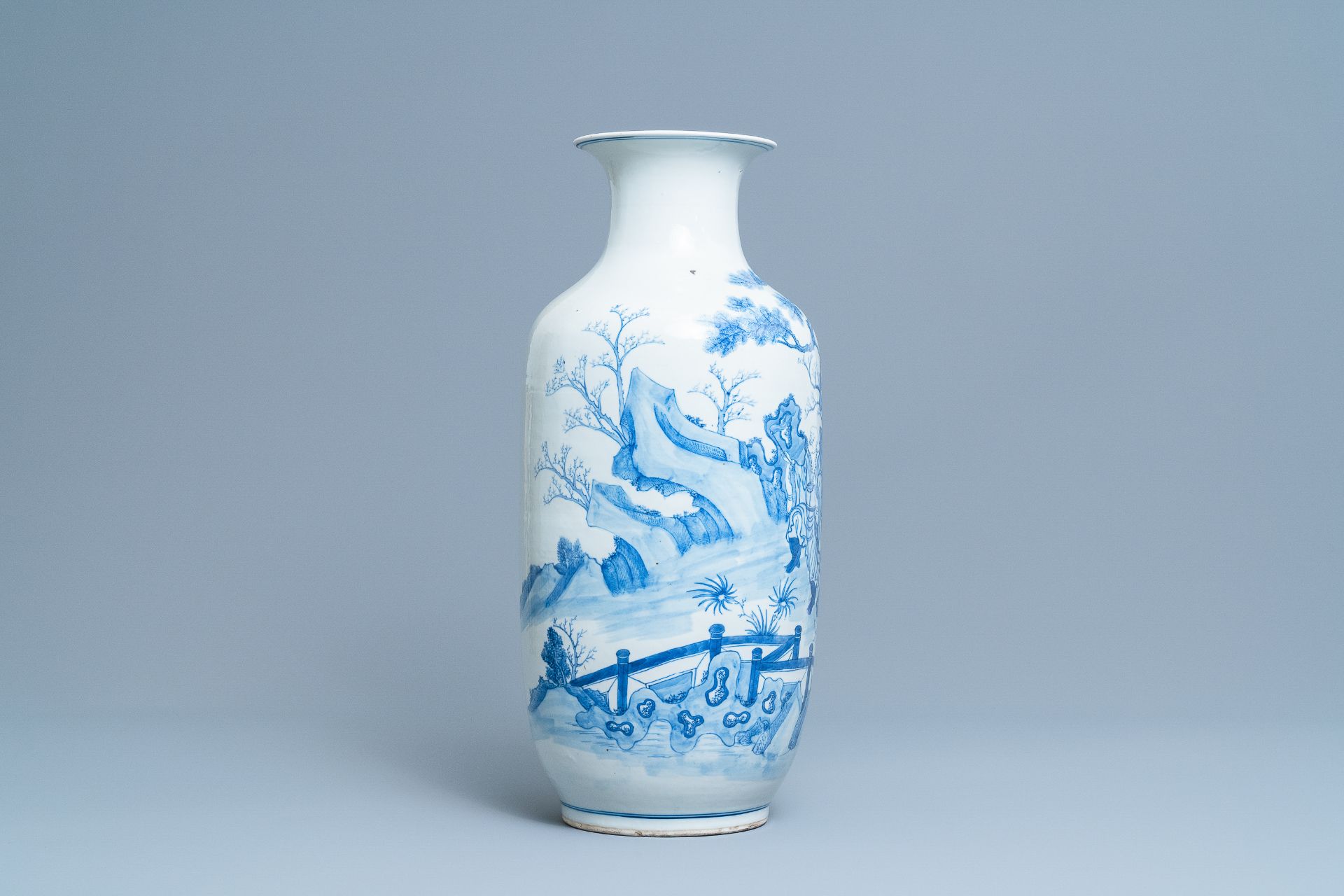 A Chinese blue and white vase with a narrative scene, Kangxi mark, 19th C. - Image 2 of 6