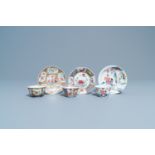 Three Chinese famille rose cups and saucers, Yongzheng/Qianlong