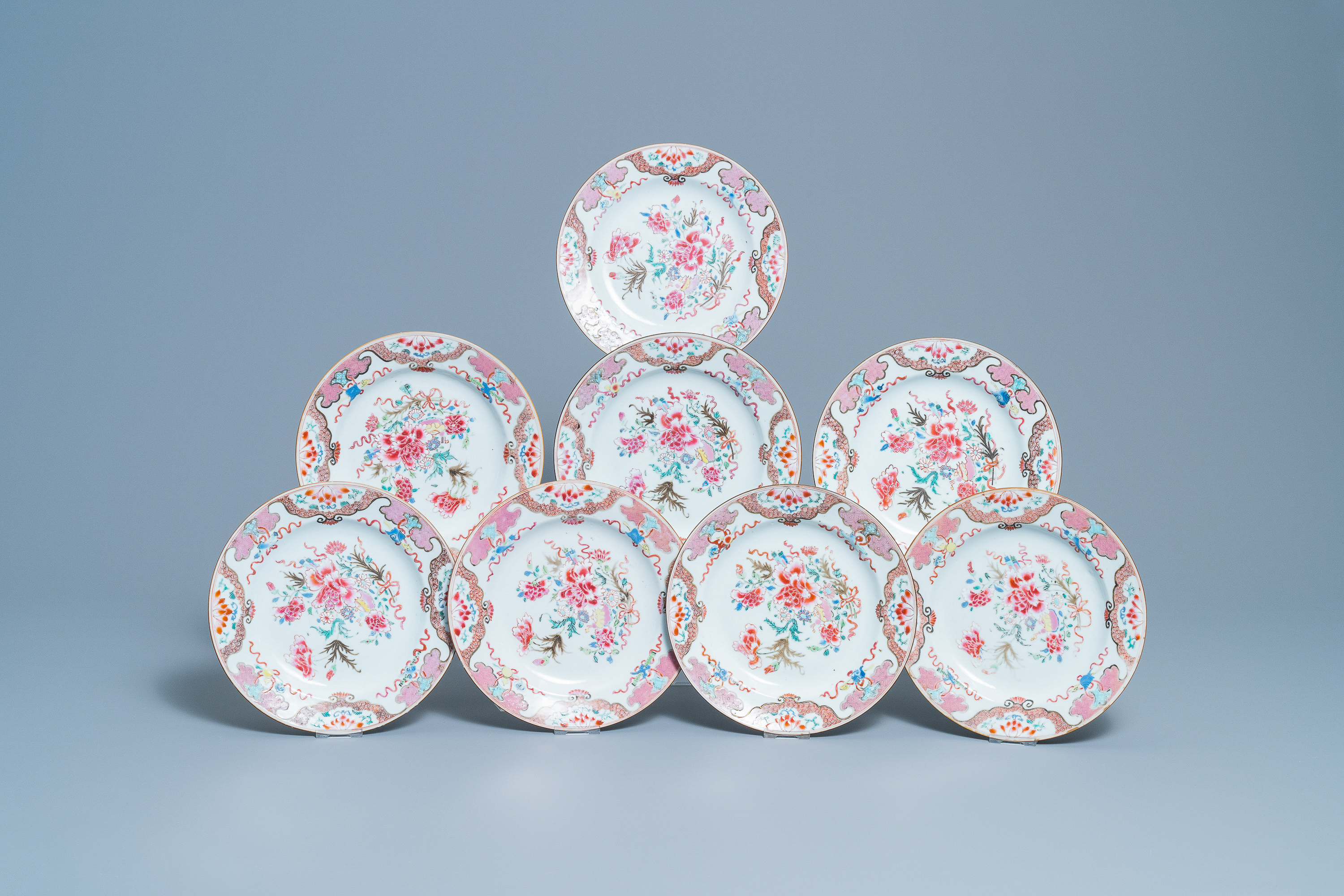 Eight Chinese famille rose plates with floral design, Qianlong