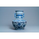 A Chinese blue and white 'hu' vase with lotus scrolls, 19th C.