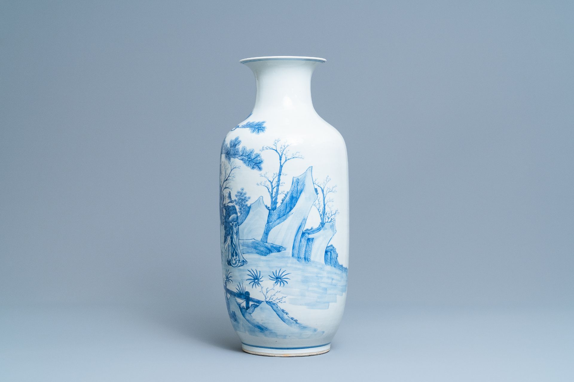 A Chinese blue and white vase with a narrative scene, Kangxi mark, 19th C. - Image 4 of 6