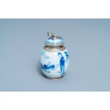 A Chinese blue and white tea caddy with Dutch silver mounts, Kangxi