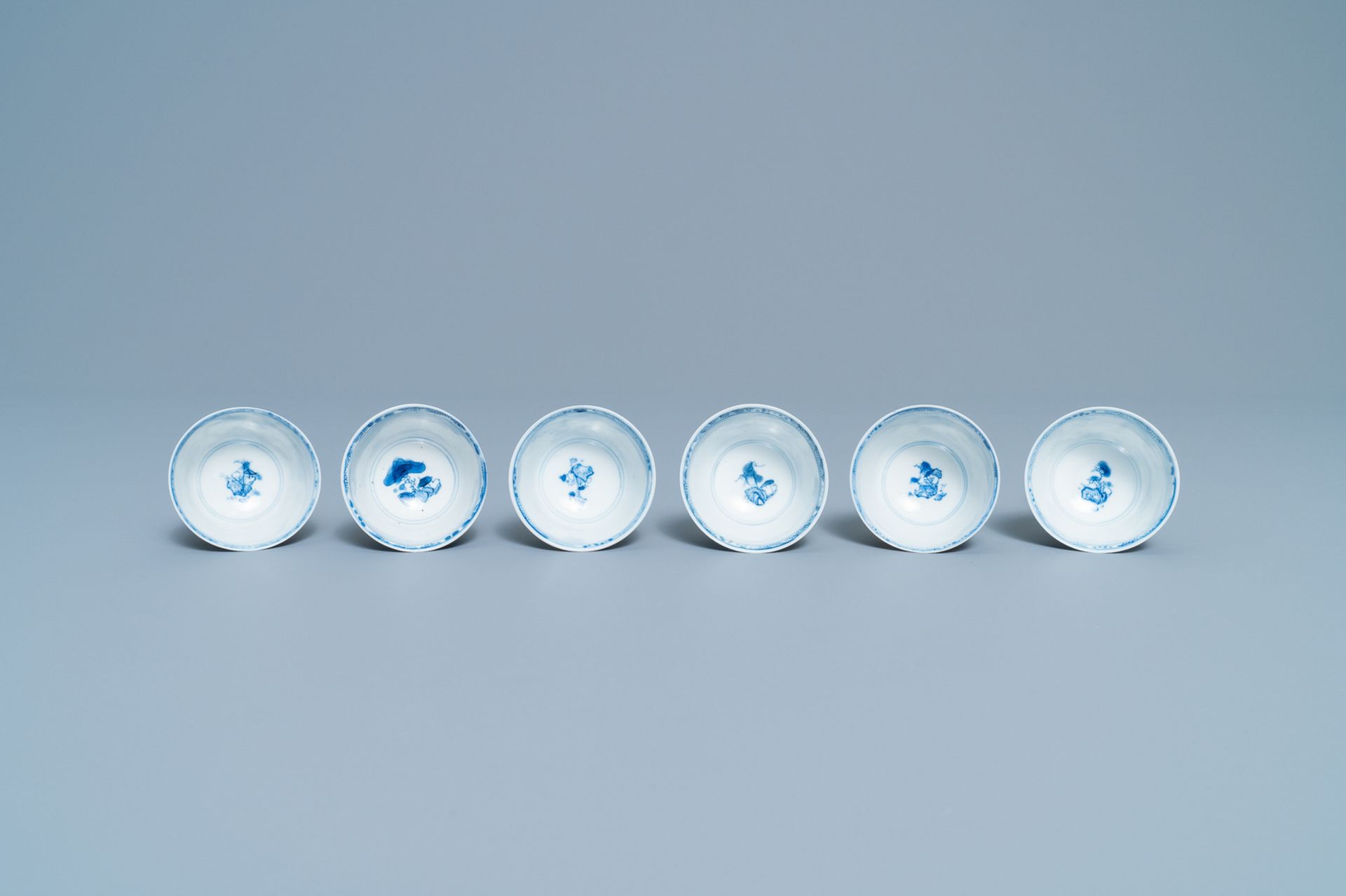 Six Chinese blue and white cups and saucers with horseriders, Kangxi - Image 8 of 10