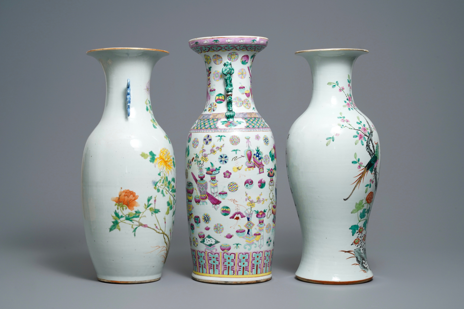 Three various Chinese famille rose vases, 19th C. - Image 2 of 12