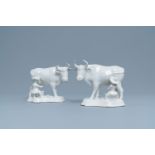 A pair of white Dutch Delftware groups of cows with milkers, 18th C.