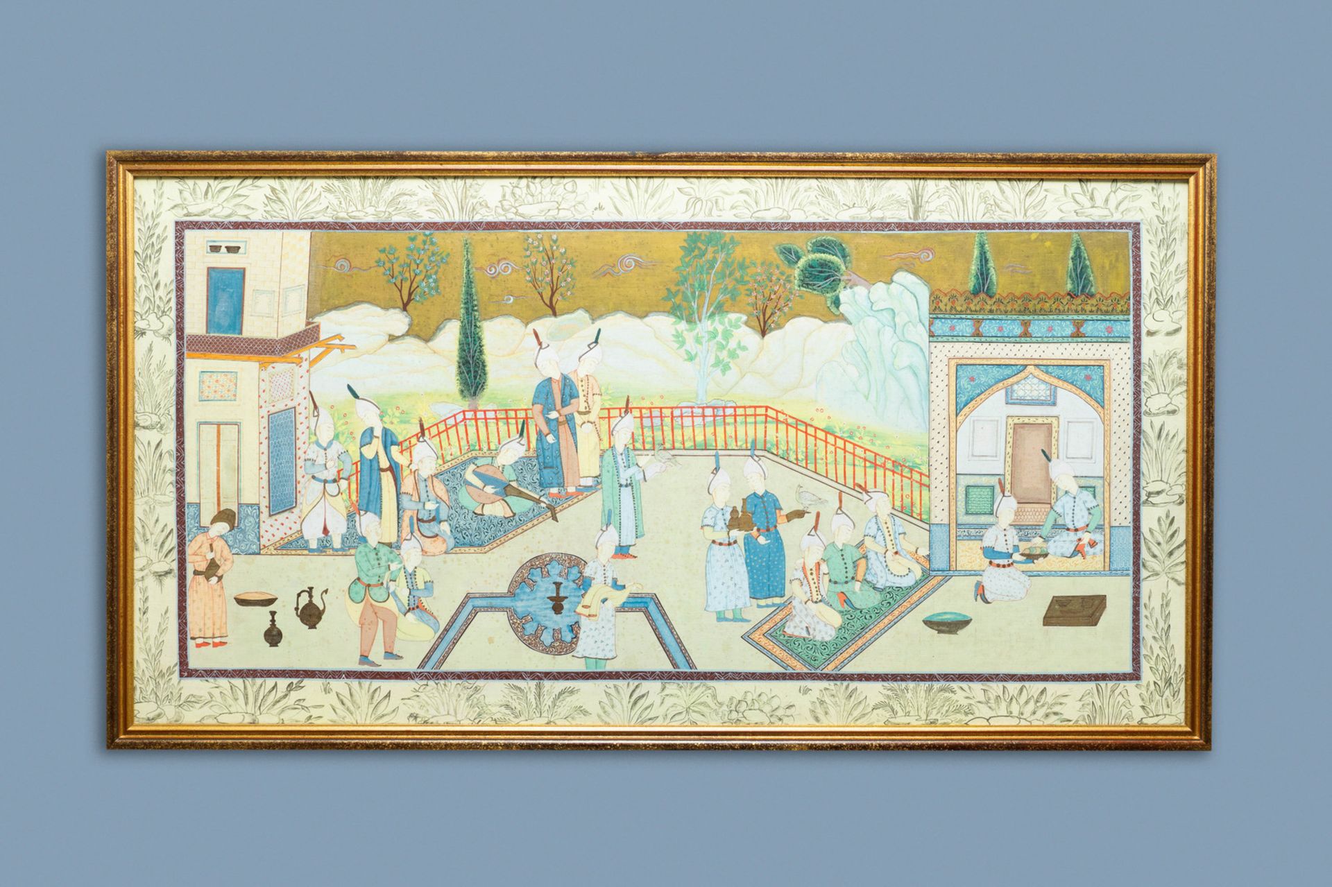 Safavid school, Iran, 19/20th C., oil and ink on canvas: 'A ceremonial court view' - Bild 2 aus 6