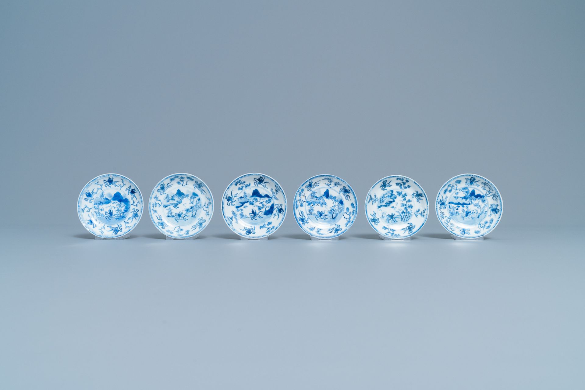 Six Chinese blue and white cups and saucers with horseriders, Kangxi - Image 2 of 10