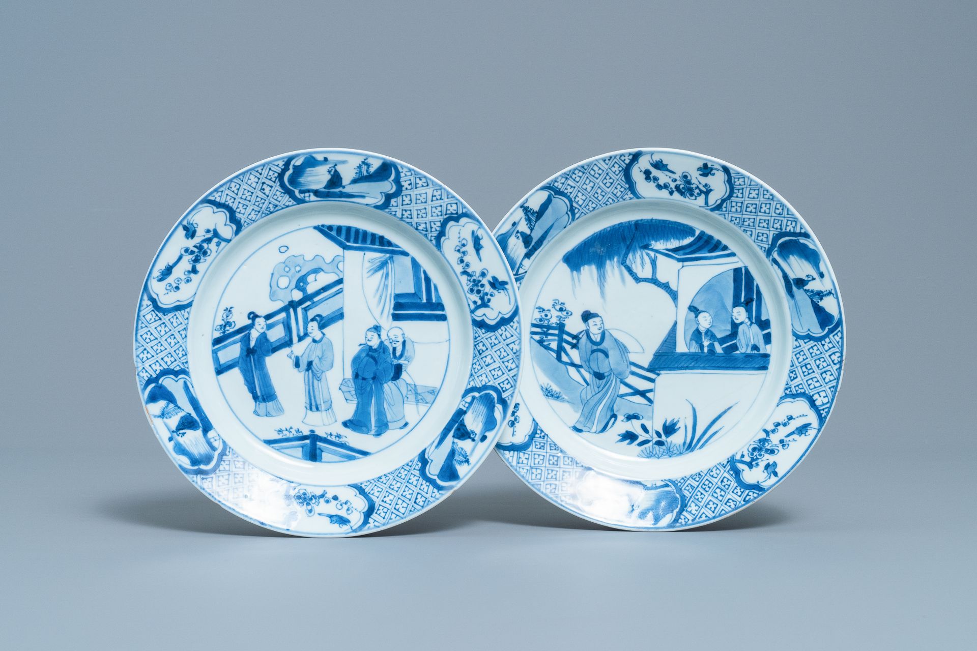 Two Chinese blue and white 'Romance of the Western Chamber' plates, Kangxi