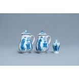 A pair of Chinese blue and white 'Long Eliza' jugs and covers and a miniature vase, Kangxi