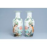 A pair of Chinese qianjiang cai vases with birds among foliage, 19/20th C.