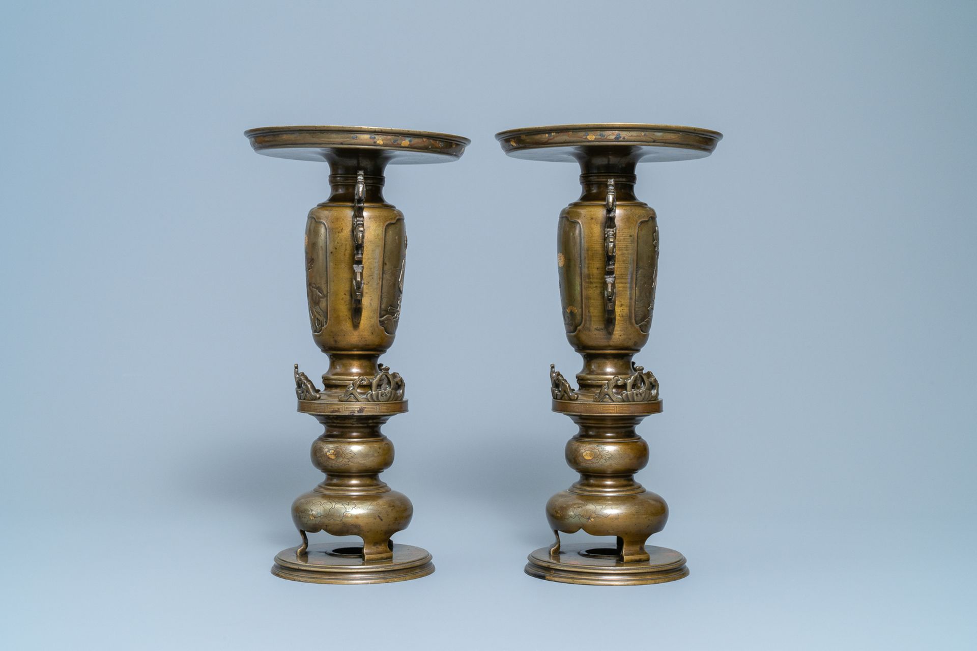 A pair of Japanese gold, silver and copper inlaid bronze usubata vases, Meiji, 19th C. - Image 2 of 6