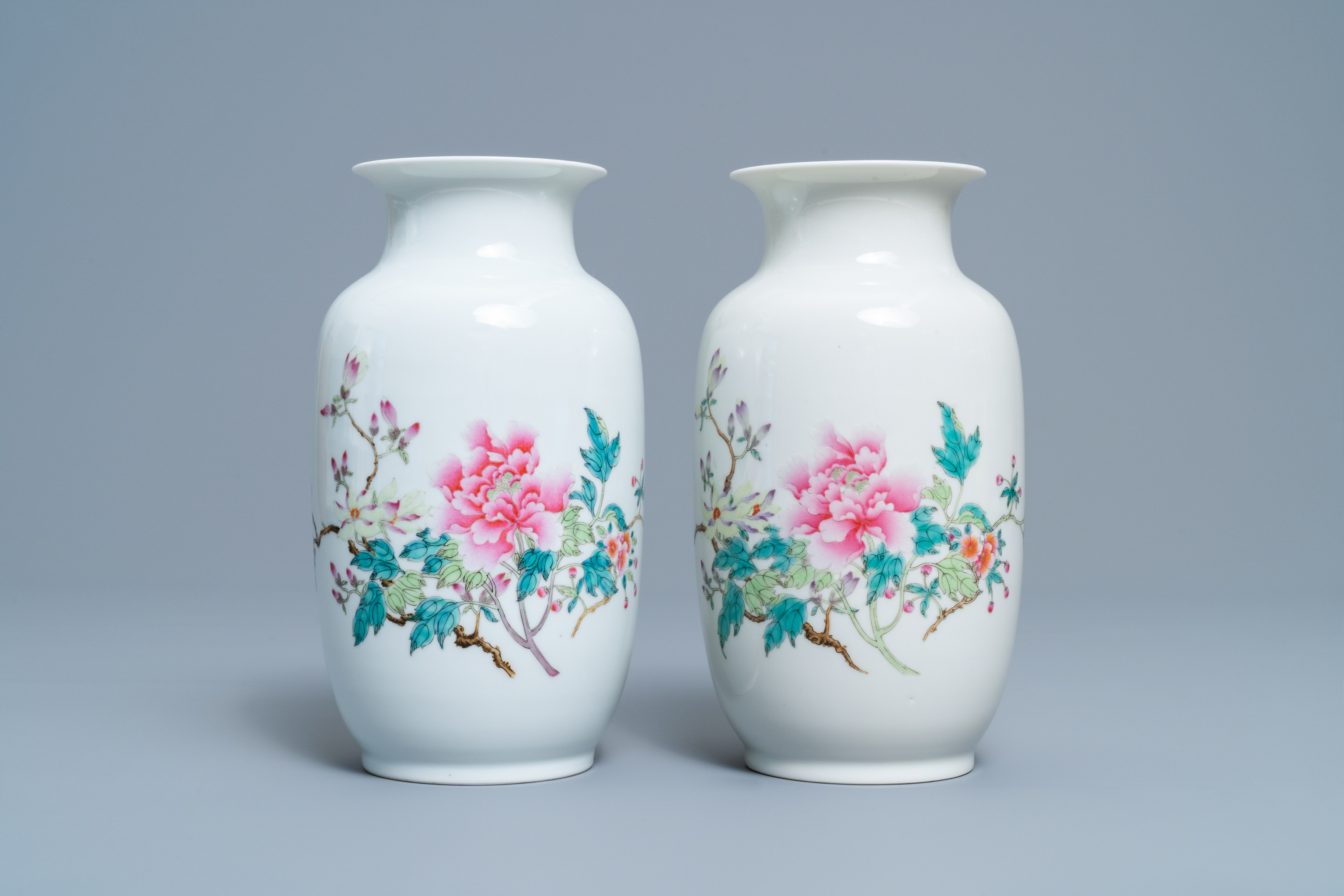 A pair of Chinese famille rose eggshell vases with floral design, Republic