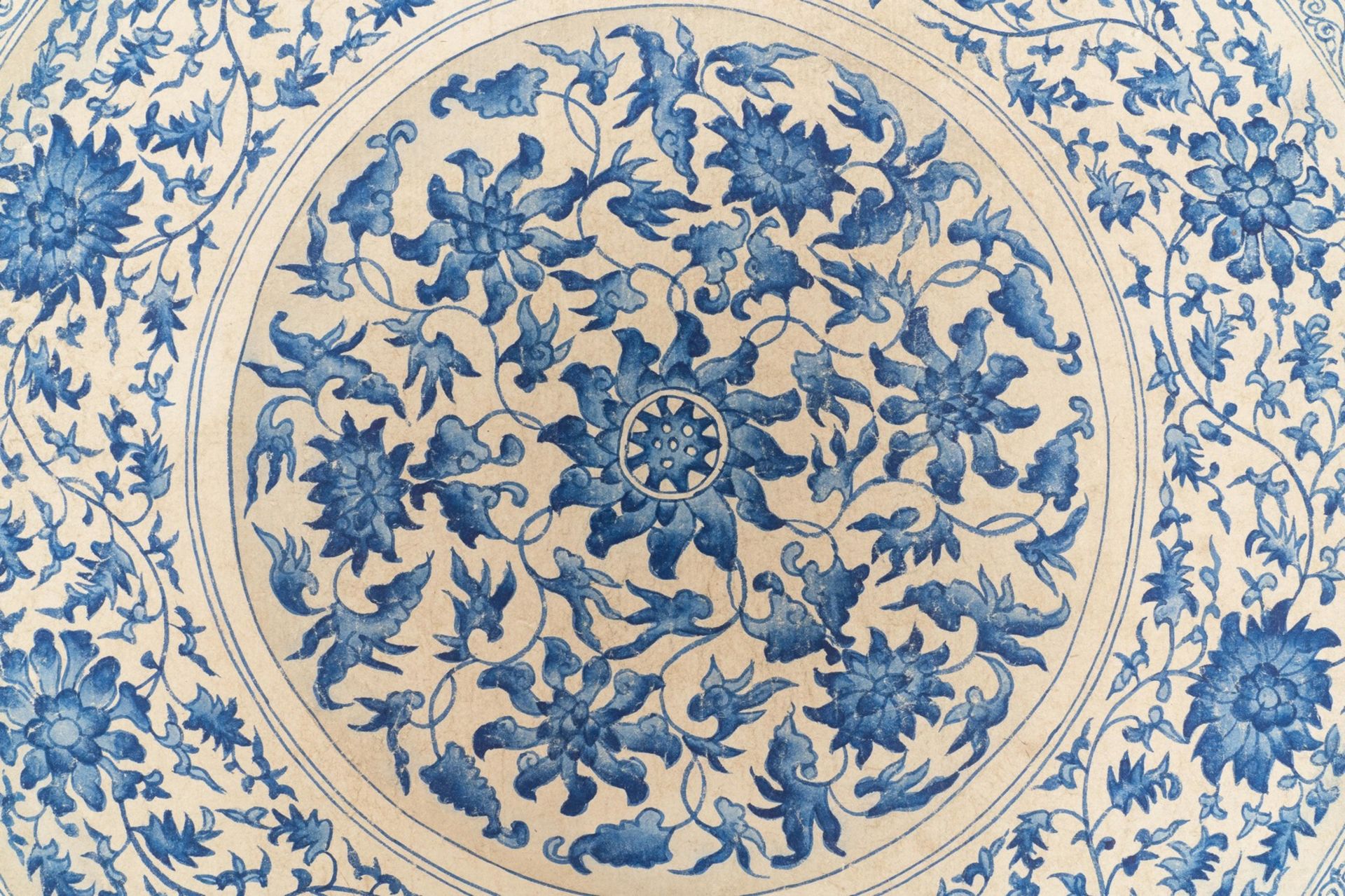 Chinese school, colour on paper, 19th C.: 'A blue and white porcelain Yuan period dish' - Image 10 of 18