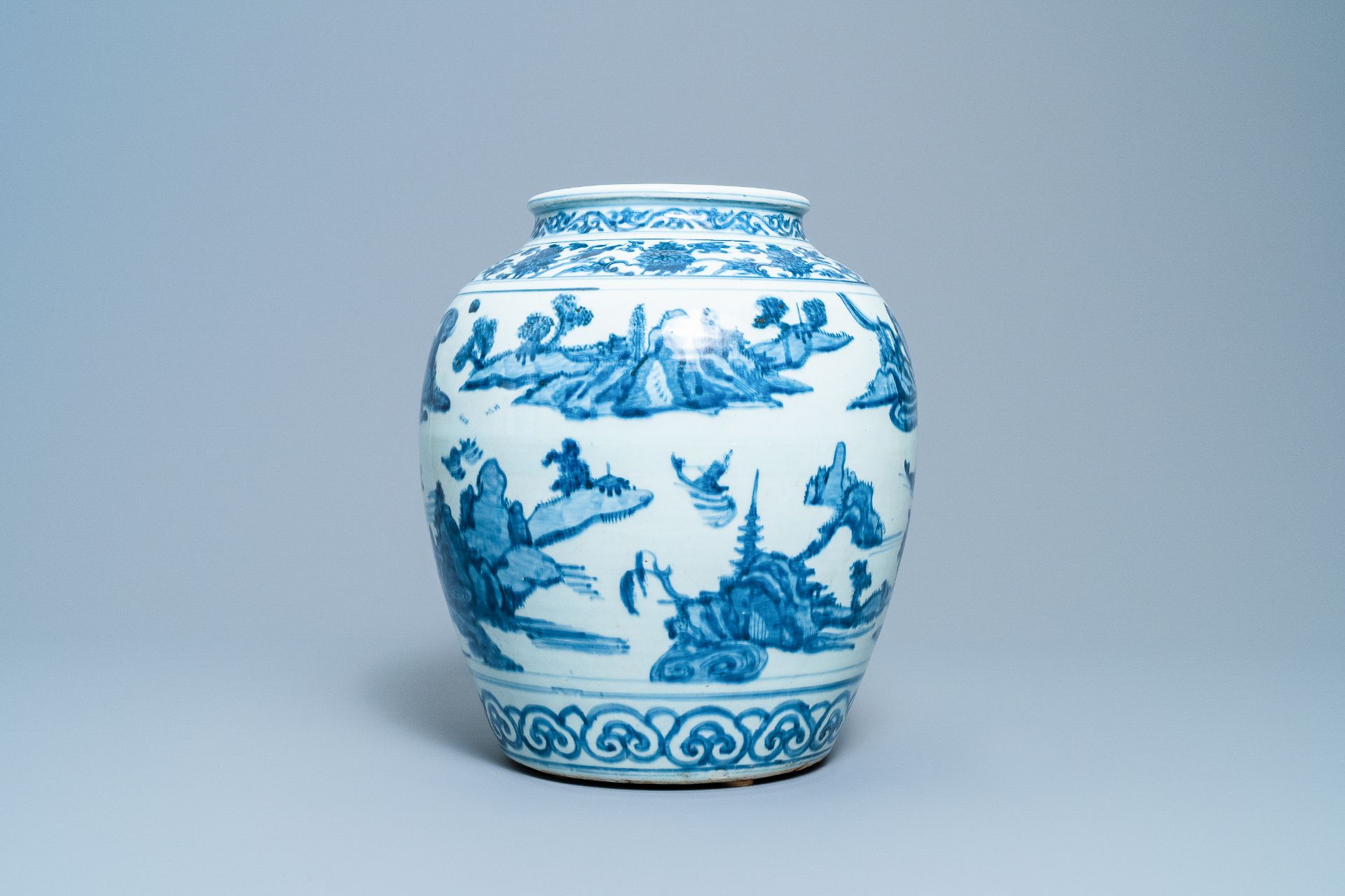 A Chinese blue and white vase with boats in a mountainous landscape, Ming