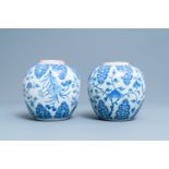 A pair of Chinese blue and white jars with floral design, Kangxi