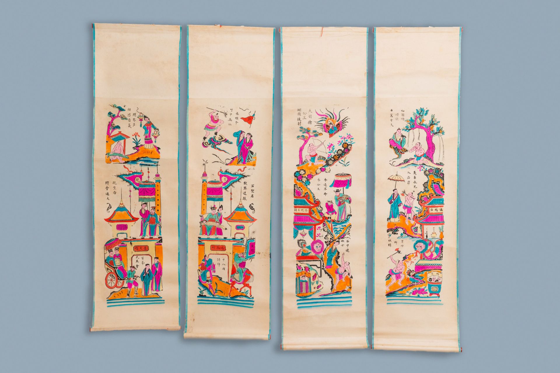 Vietnamese school, prints enhanced with ink and colour: 'Four scrolls' - Image 2 of 8