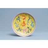 A Chinese famille rose yellow-ground 'dragon' dish, Qianlong mark, Republic