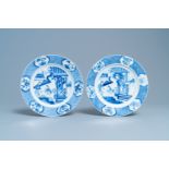 A pair of Chinese blue and white dishes with ladies on a terrace, Chenghua mark, Kangxi