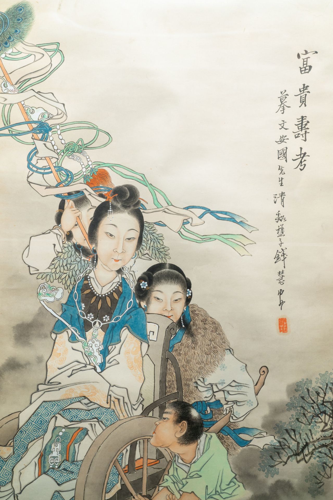 Qian Huian (1833-1911), ink and colour on paper, 19th C.: 'Fugui shoukao, after Wen Anguo' - Image 4 of 6