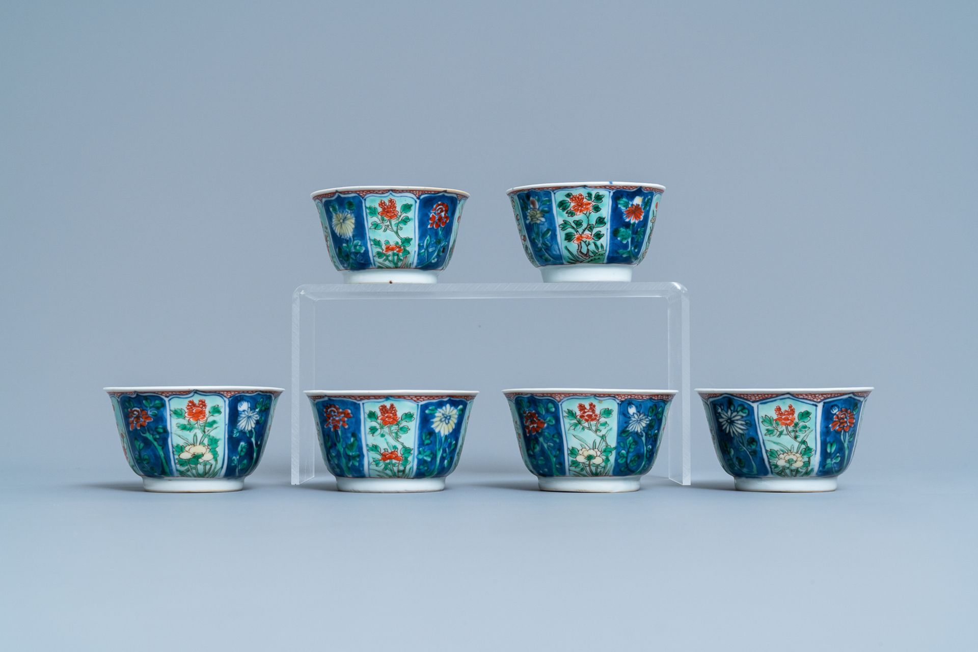 Six Chinese famille verte cups and saucers, Kangxi - Image 5 of 9