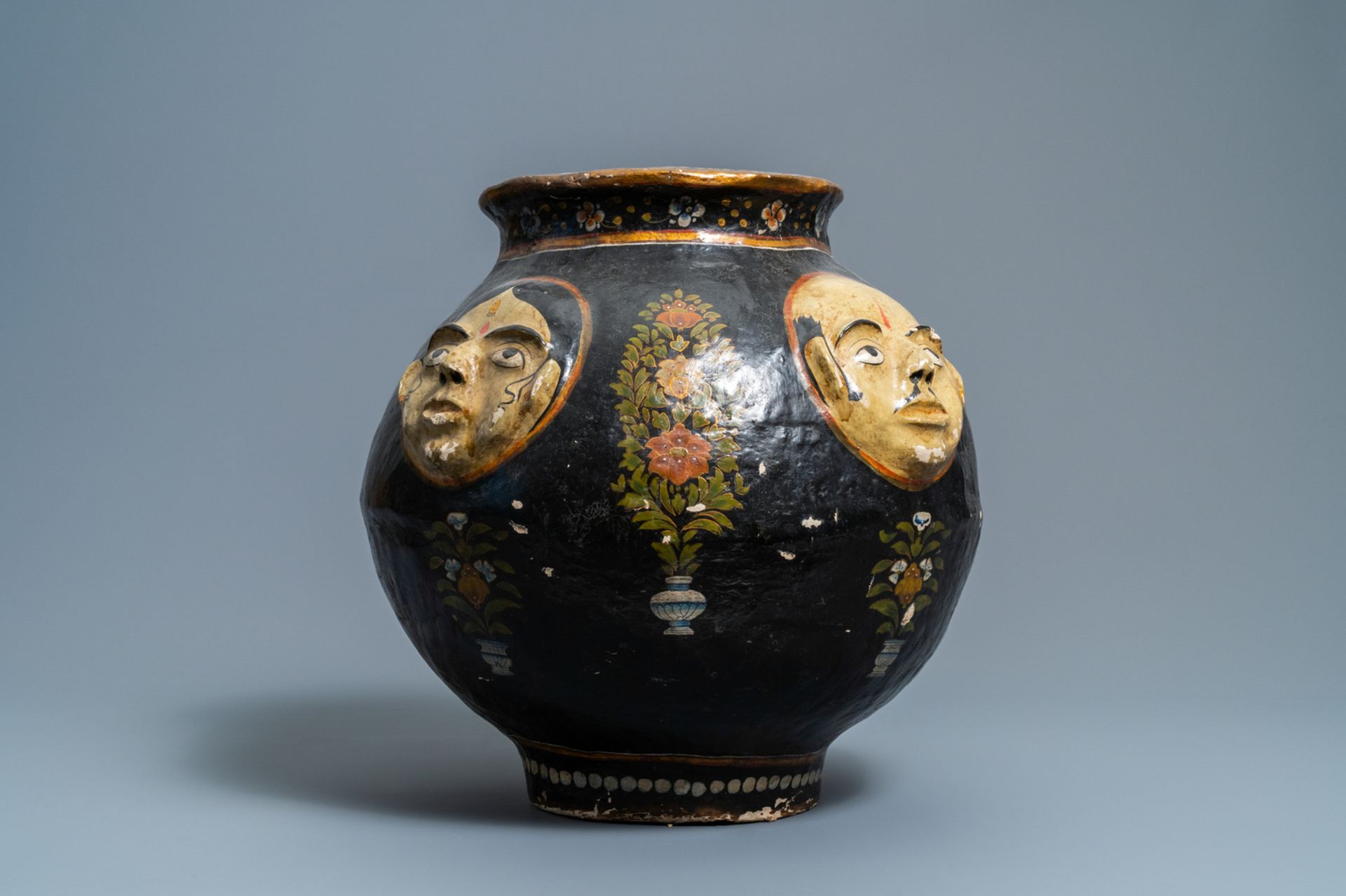 A relief-decorated papier-mache vase with four faces, Kashmir, India, 19th C. - Image 2 of 8