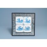 Four Dutch Delft blue and white tiles with sea creatures, 17th C.