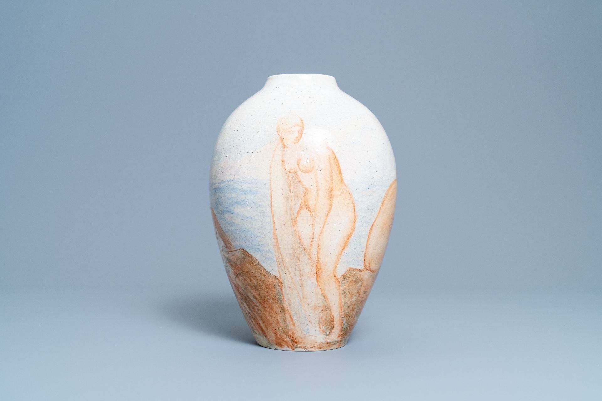 An art deco vase with bathing females, Felix-Pascal Fevola for Lachenal, France, ca. 1930