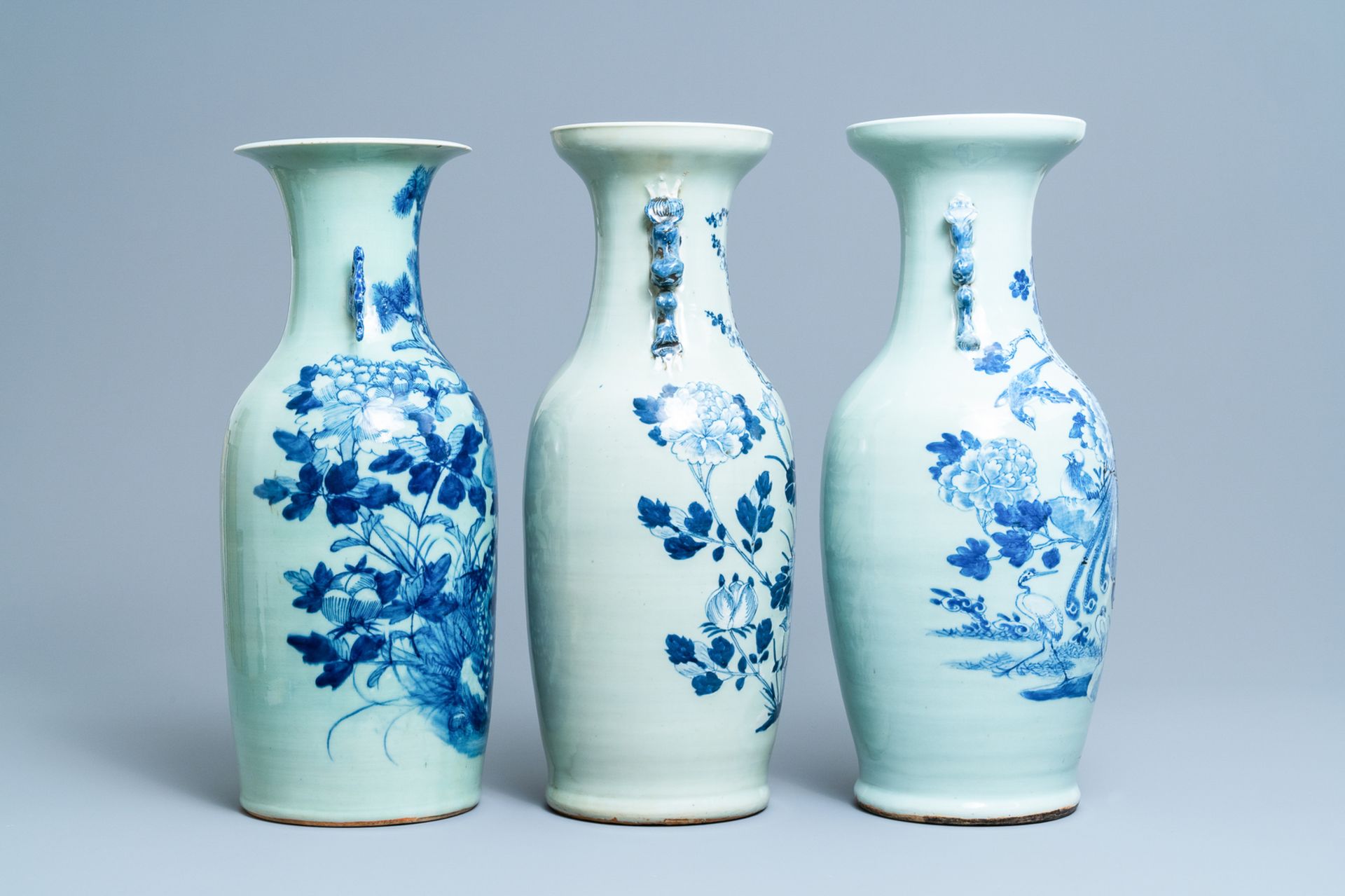 Three Chinese blue and white celadon-ground vases, 19th C. - Image 2 of 6