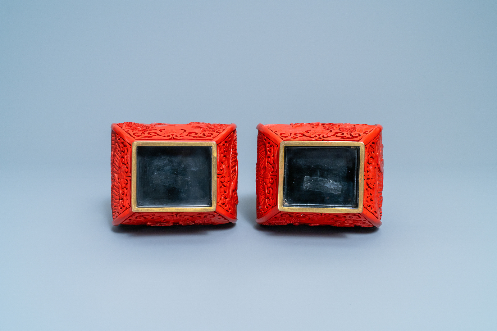 A pair of Chinese cinnabar lacquer 'Cultural Revolution' vases, 20th C. - Image 7 of 7