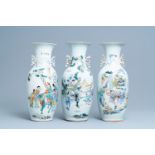 Three Chinese famille rose vases with narrative scenes, 19/20th C.