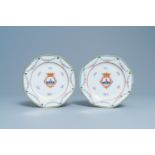 A pair of Chinese famille rose Dutch market armorial plates with the arms of Udemans, Qianlong