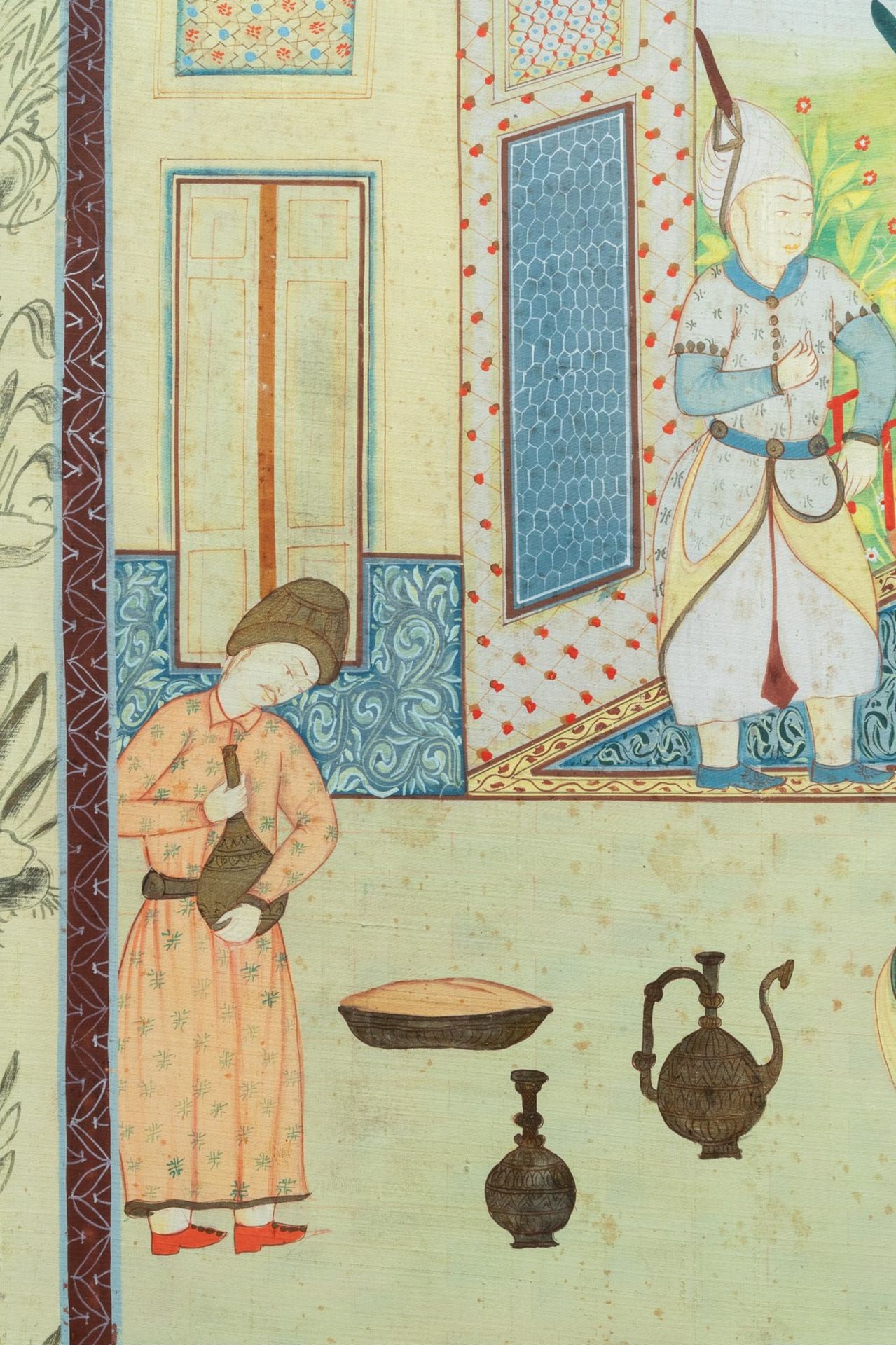 Safavid school, Iran, 19/20th C., oil and ink on canvas: 'A ceremonial court view' - Bild 6 aus 6