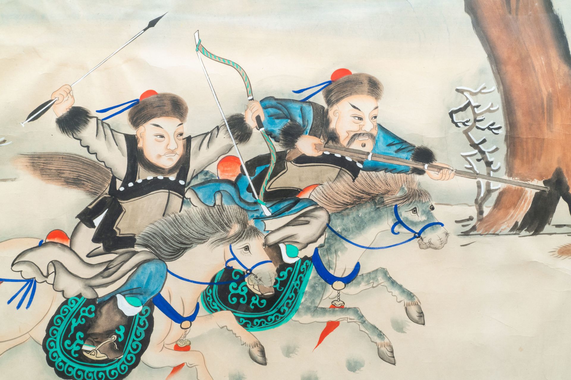 Chinese school, ink and colour on paper, 19/20th C.: 'Two equestrian hunting scenes' - Image 5 of 8