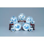 Five Chinese blue and white cups and saucers, Chenghua mark, Kangxi