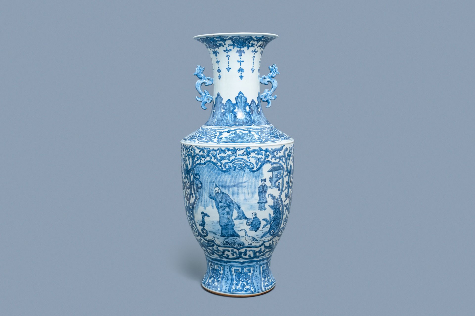 A large Chinese blue and white vase with figurative medallions, 20th C. - Image 3 of 6