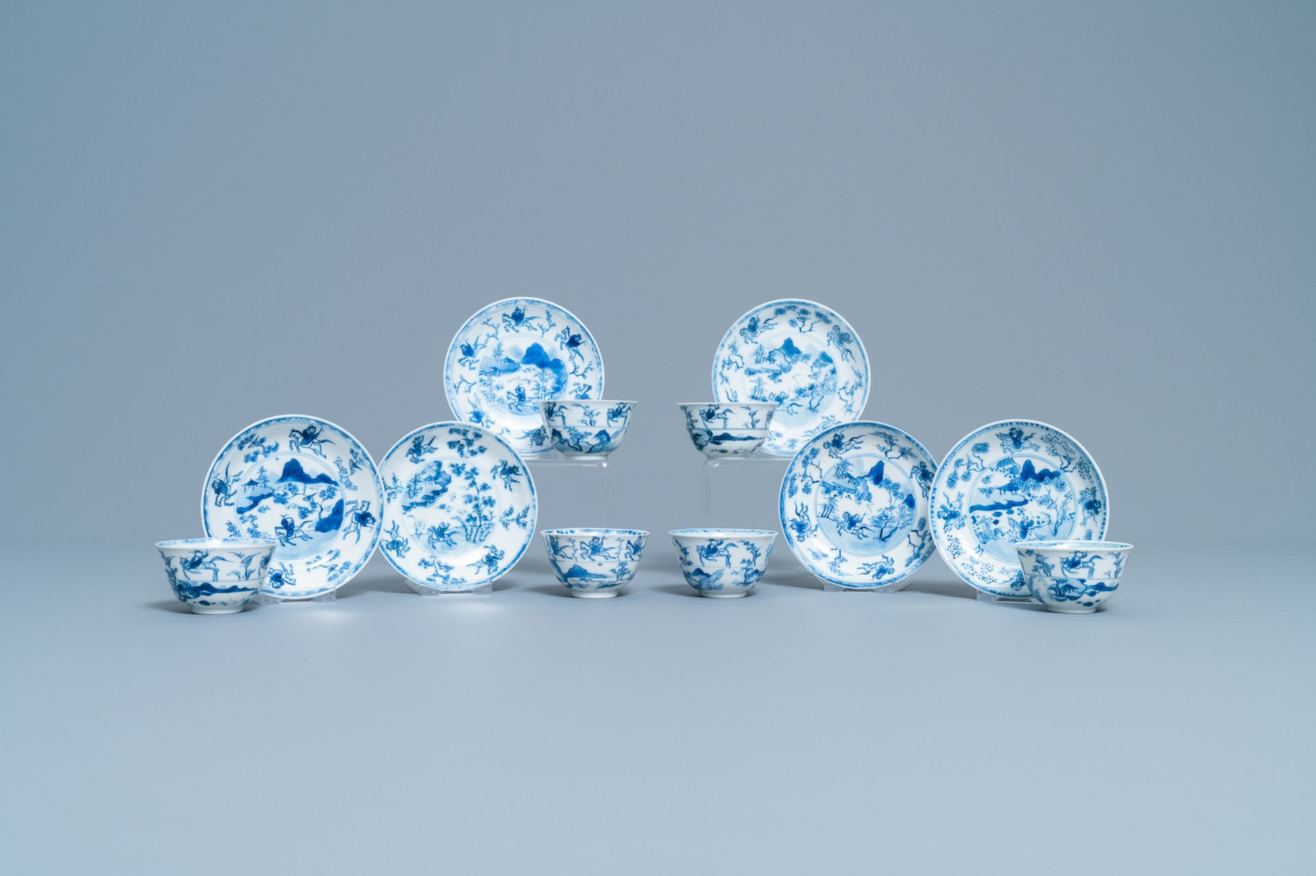 Six Chinese blue and white cups and saucers with horseriders, Kangxi - Image 10 of 10