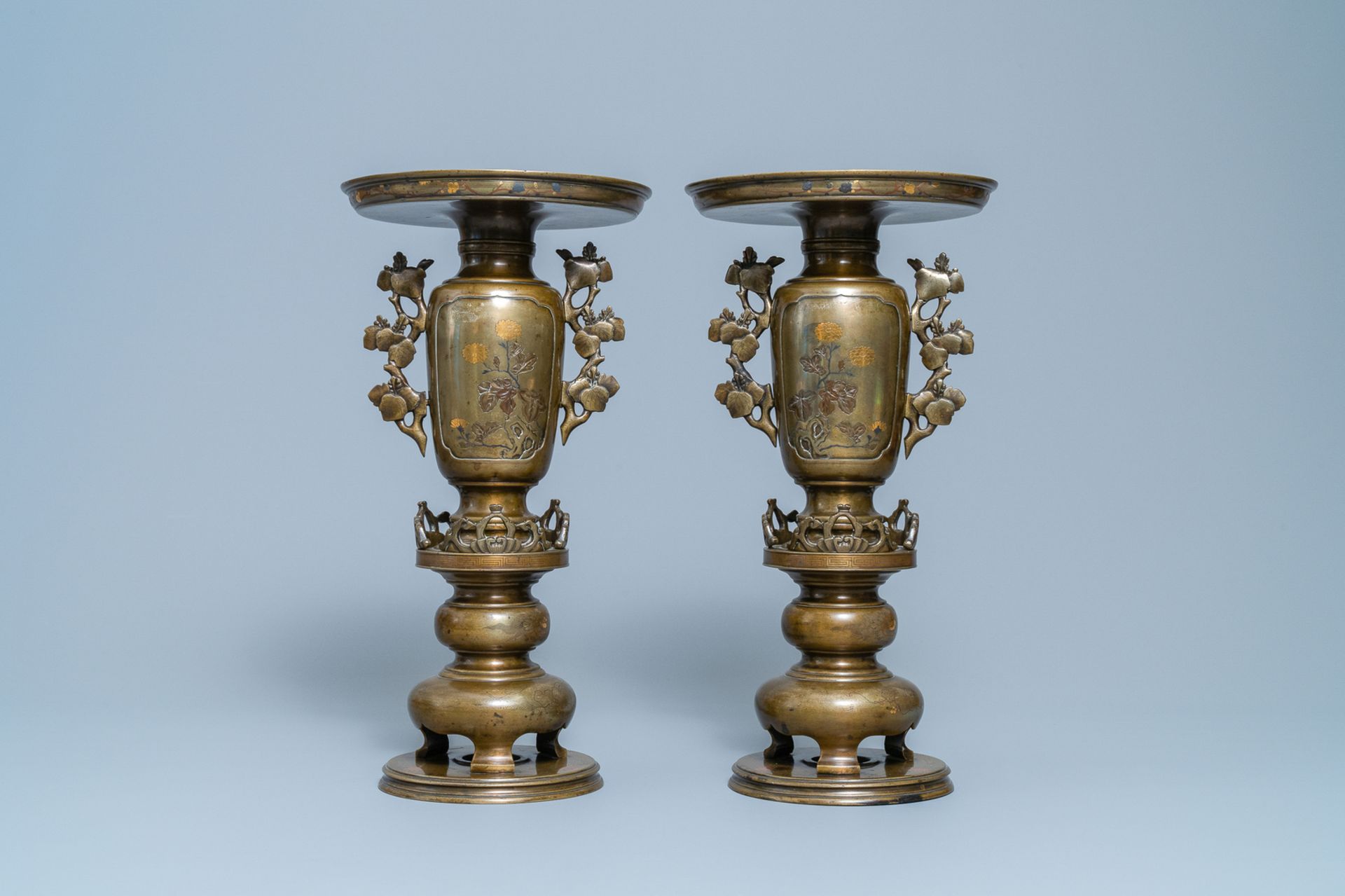 A pair of Japanese gold, silver and copper inlaid bronze usubata vases, Meiji, 19th C. - Image 3 of 6
